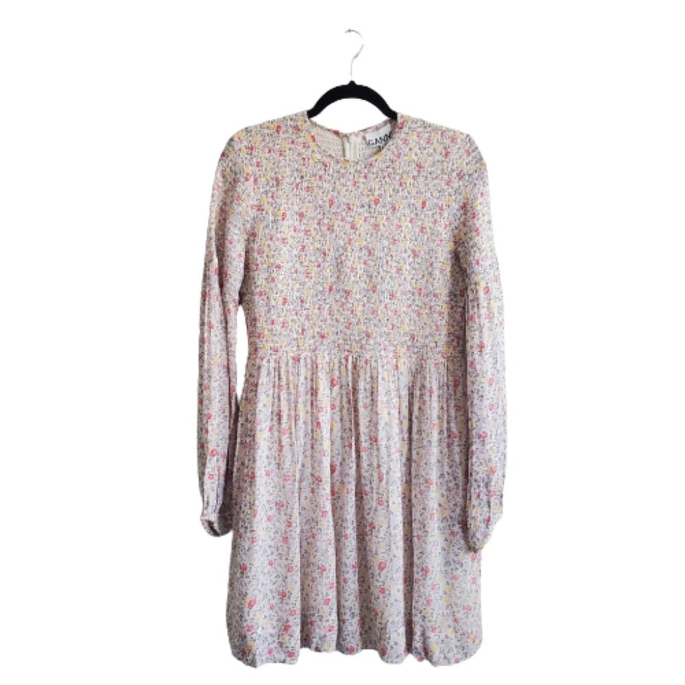Ganni Floral Shirred Long Sleeve Georgette Mini Dress